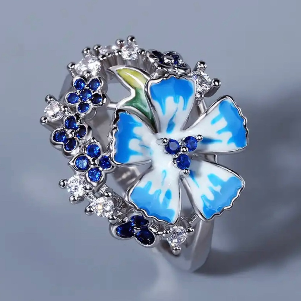 Blue Floral Silver Ring